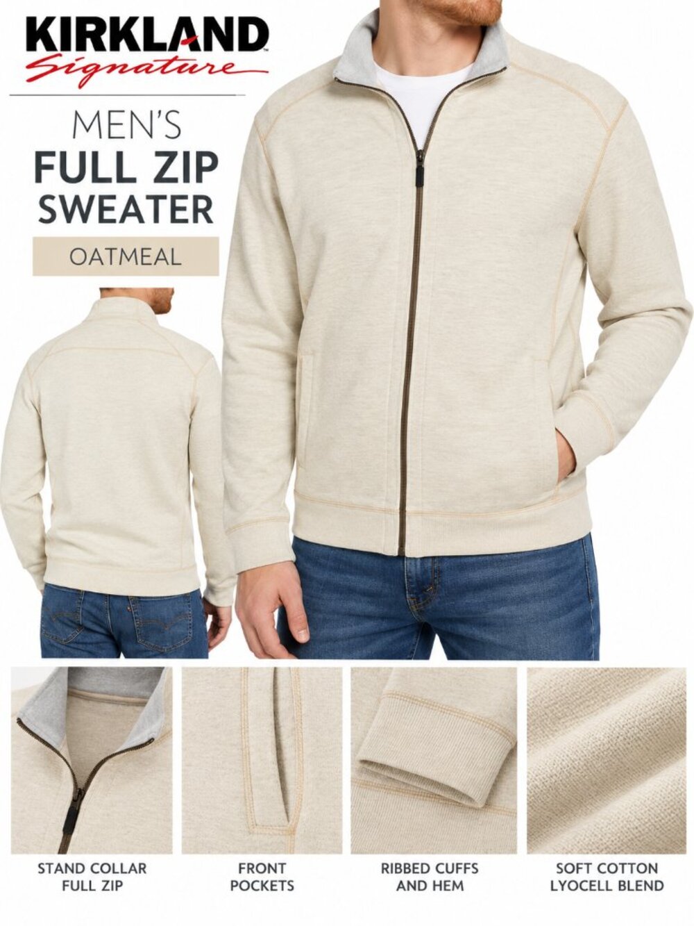 Kirkland Signature Men's Full Zip Sweater Oatmeal 2XL